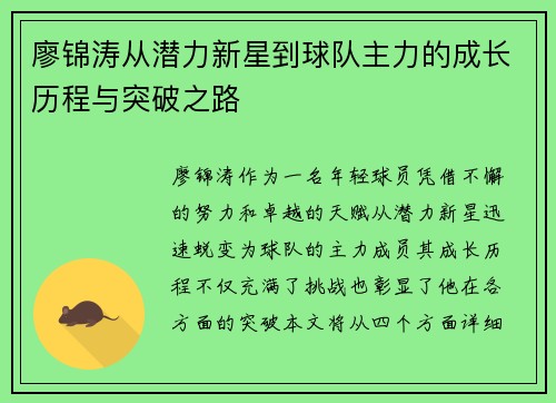 廖锦涛从潜力新星到球队主力的成长历程与突破之路